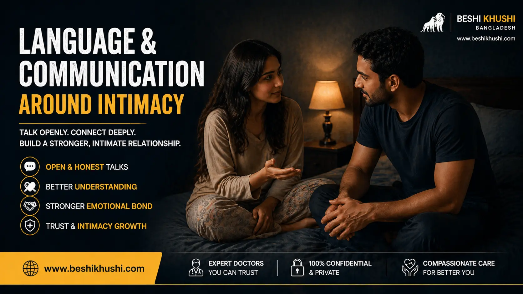 A respectful Bangladeshi couple having a calm private conversation at home